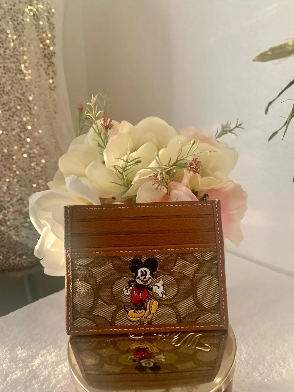 Coach Brown Signature Canvas Card Case with Mickey Embroidery